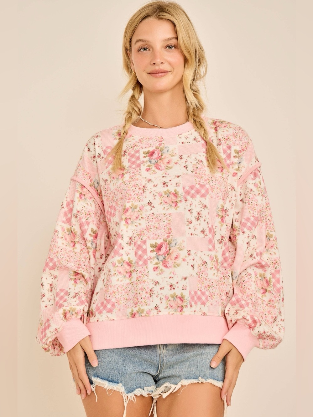 Coming soon! Floral Patchwork Pink Crewneck Sweatshirt